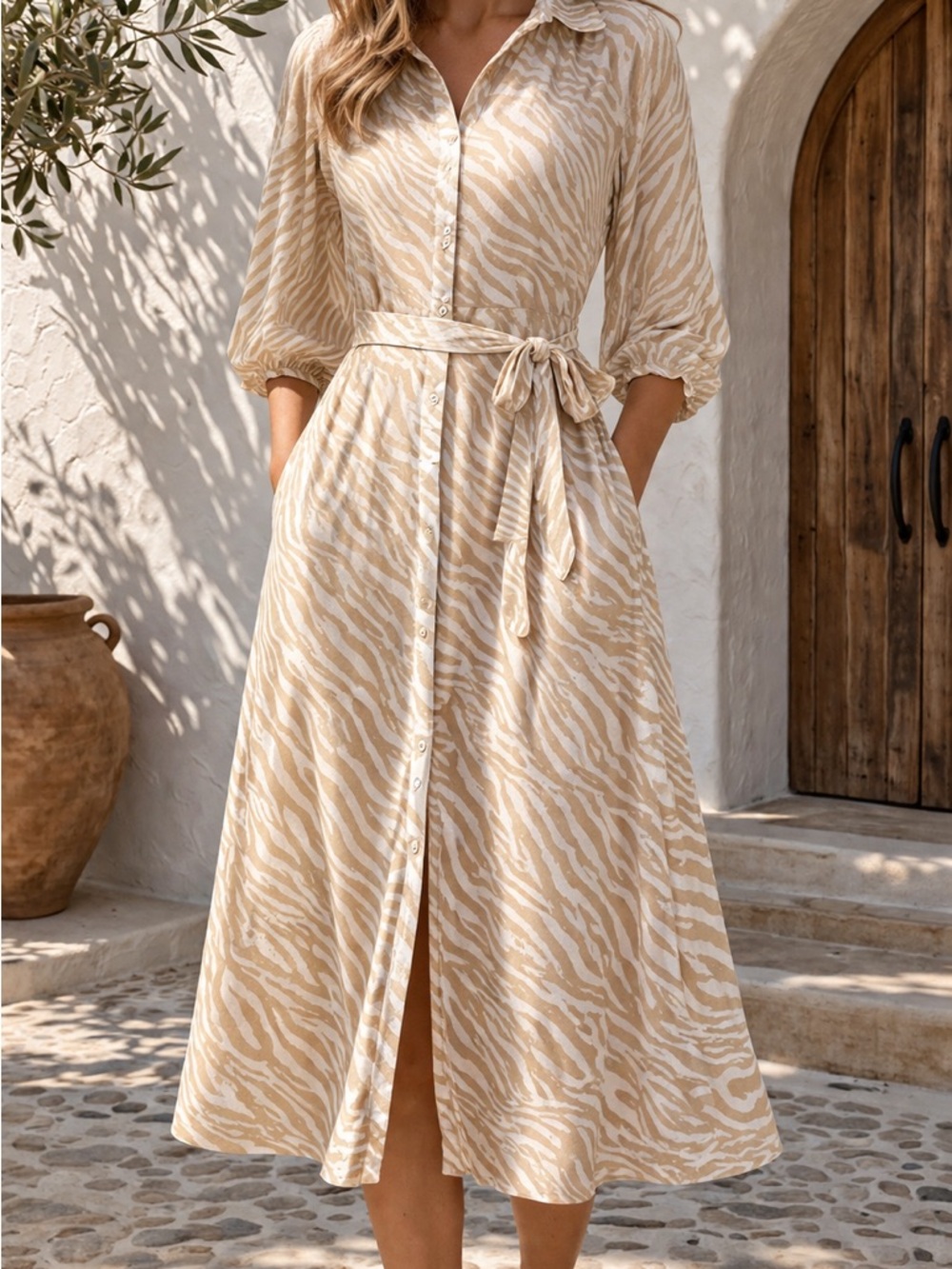 Harlow & Rose Beige Zebra Print Belted Collared‎ Midi Shirt Dress Women’s Size S